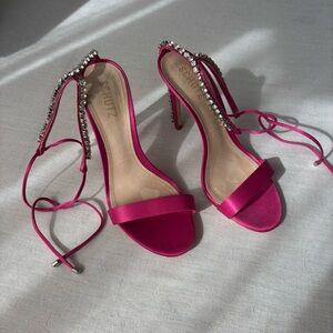 Schutz Islah Satin Crystal Strap Sandals Pink 8B | Glam